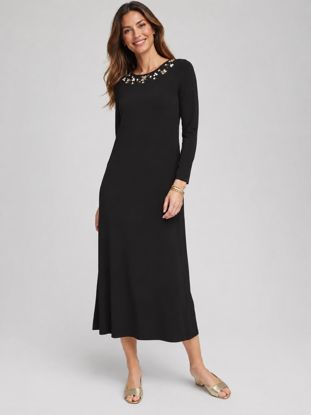 ✅ NWT Chico's Black Midi Dress Embellished Column Maxi dress size 1 US M